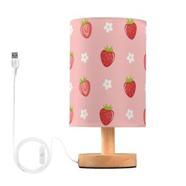 Oarencol Bedside Table Lamp Cute Strawberry Florals Nightstand Lamp with Wood Fruits Flowers Pink Desk Lamps for Bedroom Living Room Nursery Office Home Decor