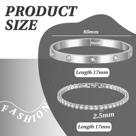 Tennis Bracelet Women's Zirconia Bangle 2 Pieces Bracelet for Women Stainless Steel 2.5 mm Wide 17 cm Bracelets Jewellery Gift Silver Gold for Mum Friend Daughter Bracelet Women Bracelet