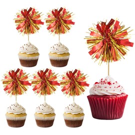PATIKIL Firework Cupcake Toppers, 30 Pcs Sparkle Tassel Cupcake Picks Birthday Party Graduation Wedding Foil Decor Cocktail Food Fruit Toothpicks Christmas, Red Gold
