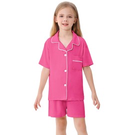 Umeyda Girls Modal Button Down Pajamas Set, 2Pj Nightwear Sleepwear for Teen Kid 2 Pcs Loungewear, Hot Pink, 5-6 Years = 130