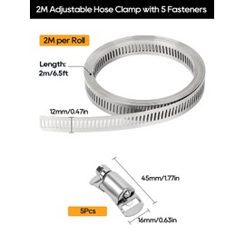 Furuising 2m/6.5ft Hose Clamp, Stainless Steel Jubilee Clips,Adjustable Hose Clips Set with 5 Fasteners Pipe Clamp for Exhaust, Plumbing, Intercooler, Tube, Fuel Line Fixing
