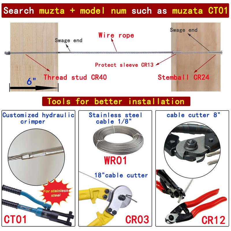 Muzata 8" Hand Swage Fitting Threaded Stud for 1/8" Cable