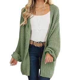 Maroway Womens Long Sleeve Knit Cardigan Open Front Loose Sweater Green
