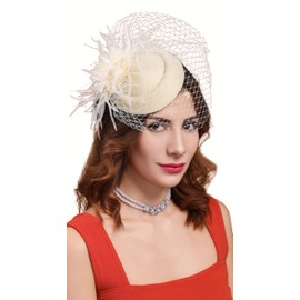 Cizoe Fascinators Hats for Women Pillbox Hat 20s 30s 50s Vintage Feather Headwear Bowler Flower Veil Wedding Tea Party Hat(X-Beige)