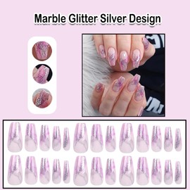 ANDGING Coffin Press on Nails Purple Pink Medium Fake Nails with Marble Glitter Silver Design Gel fake nails for Wedding Birthday Acrylic stick on nail with Glue Manicure False Nails DLP1276