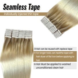 Munx Tape in Hair Extensions Human Hair Balayage Beige Blonde Mix Medium Blonde to Platinum Blonde Real Remy Human Hair Extensions for Women 14inch 20pcs 50/Pack
