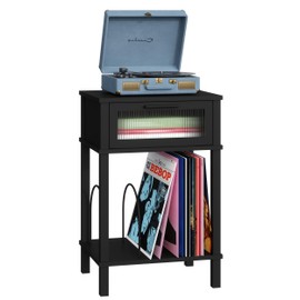 End Table with Record Player Stand, Side Table with Storage, 2-Tier Nightstand with Drawer and Record Holder, Modern Black Bedside Table for Living Room Bedroom MLBZ18B