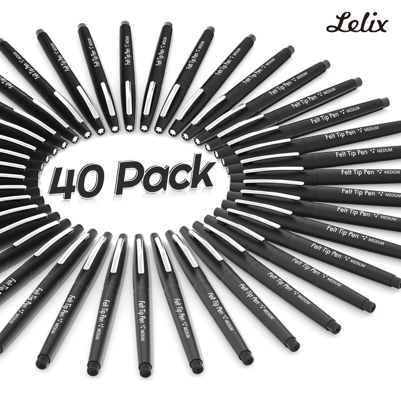 Lelix Felt Tip Pens, 40 Black Pack, 0.7mm Medium Point,