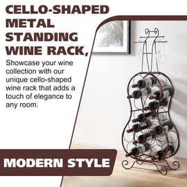 Kings Brand Furniture - Cello-Shaped Wine Rack Home Bar, Metal Freestanding Wine Storage Stand, 19 Bottles with Wine Glass Holder, Bronze