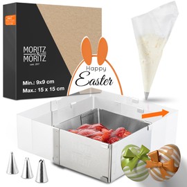 Moritz & Moritz Rectangular Baking Frame Adjustable 9 cm to 15 cm - Stainless Steel Baking Mould Square with Baking Accessories - 10 Piping Bags and 3 Attachments