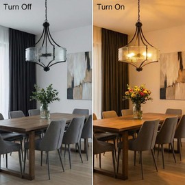 Mieloxiy 20'' Black Glass Drum Chandelier, 5-Light Modern Textured Glass Hanging Pendant Light Fixture for Dining Room, Kitchen Island, Living Room, Entryway, E12