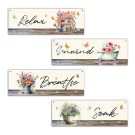 4 Pcs Rustic Floral Bathroom Wall Decor Sign, Bathroom Wall Art Decor Gift, Relax Soak Unwind Breathe Wooden Hanging Plaque Sign For Farmhouse Home Bathroom Restroom Spa Room -15