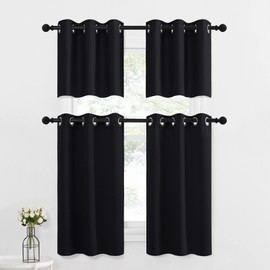 NICETOWN Black Small Window Valances Curtains - Thermal Insulated Home Decor Blackout Grommet Tier Curtains Drapes for Kitchen/Bedroom/Office (42W by 24L 1.2 inches Header, Black, 2 Pieces)