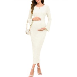 AISWI Maternity Dress Ribbed Knit Long Sleeve Round Neck Bodycon Mid Pregnancy Dresses Casual Baby Shower Bell Sleeve, Off White, Large