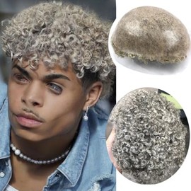 Toupee for Men Human Hairpiece Mens Toupee with PU Hair Units Curly Wave Mens Wigs Human Replacement System 10" x 8" (#1B80 20% BLACK with 80% WHITE)