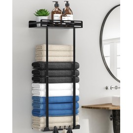 Dohomai Towel Rail No Drilling Required Bathroom Towel Rack Black with Shelf Guest Towel Holder Including 4 Hooks Ideal for Bathroom, Kitchen, Shower Screen