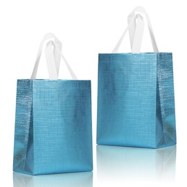 cabzymx 16 Pcs Metallic Bling Blue Gift Bags Bulk with Cardboard Bases, Glossy Small Reusable Party Favor Bags for Birthday, Wedding, Christmas, Parties- 10.2x3.9x8.3 In