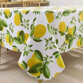 Vinyl Tablecloth with Flannel Backing 60x102in Rectangular Waterproof Non-Slip Lemons Flower Wipe Clean Table Cover for Indoor/Outdoor, Picnic, Dining Table Protection
