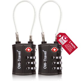 OW-Travel TSA Approved Luggage Locks (2 Pack) 3 Digit Heavy Duty Zinc Alloy Security Cable Padlock, Combination Padlocks, Code Lock for Suitcase, Zipper, Luggage, Bag, Case, Gym Locker (Black)