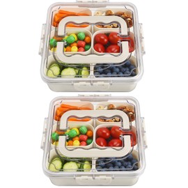 Divided Serving Tray with Lid and Handle, Portable Snack Box Container, 6 Compartments Veggie Fruit Snackle Tray, Charcuterie Platter Box Container for Party, Nuts, Snacks, Entertaining, Picnic,2 Pack