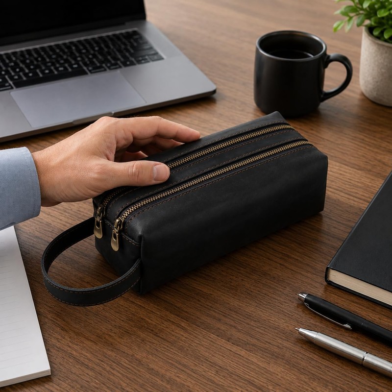 ECHSRT Genuine Cowhide Leather Pen Pouch for Adults, Double Zipper