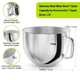 7QT Stainless Steel Mixer Bowl Compatible with Kitchenaid Stand Mixers, Kitchenaid Mixing Bowl Replacement Bowl for 7QT Bow-Lift Stand Mixer with Handle and Lid