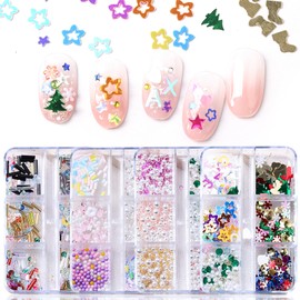 JCAKES 4 Boxes Christmas Nail Charms 3D Nail Glitter Sequins Nail Pearls Flat Back Nail Rhinestones Diamond Nail Bling Flower Star Moon Nail Decoration for Acrylic Nails DIY Accessories