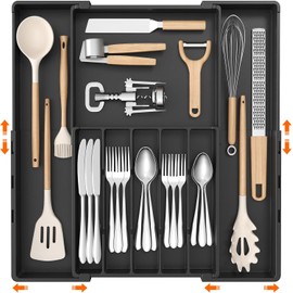 Lifewit Organizador de Cubiertos, Bandeja Expandible para Utensilios de Cocina, Soporte de Plástico Ajustable para Cucharas, Tenedores y Cuchillos, Sin BPA, 5-8 Ranuras, Negro