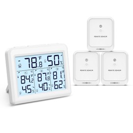 LOFICOPER Indoor Outdoor Thermometer Wireless, Digital Temperature Humidity Meter, Indoor Hygrometer Thermometer with 3 Sensors, Max/Min Record, Comfort Indicator, Backlight, for Home Office Bar