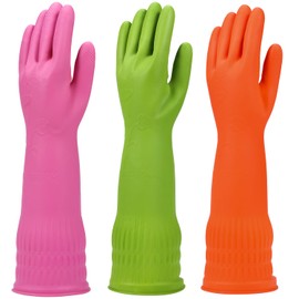 YSLON 3 Pairs Rubber Dish Gloves Kitchen Cleaning Gloves Waterproof Reusable Multicolor Large