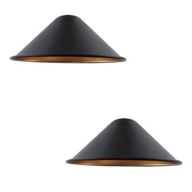 Vintage Retro Lampshade Metal Cone Easy Fit Industrial 22cm Lampshade 4cm E27 Hanging Hole for Kitchen Living Room Hallway (Black, Gold Inside, Pack of 2)