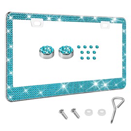 Lyxheth Bling License Plate Frame for Women, License Plate Holder, Sparkly Rhinestone Diamond Tag Holder Frames with Crystal Screws Caps, Stainless Steel License Plates Tag Cover Fit Cars (Blue)