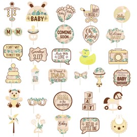 Wood Grain Sage Green Baby Shower Photo Booth Props,31pcs Boho Neutral Baby Shower Selfie Props with Sticks for Baby Boy Girl Newborn,Gender Reveal,Rustic Welcome Baby Baby Shower Decorations Favors