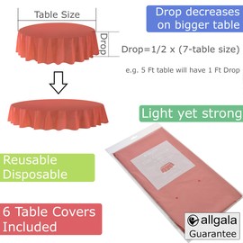 allgala 12-Pack Premium Plastic Table Cover Medium Weight Disposable Tablecloth-12PK Round 84"-Coral-TC58520