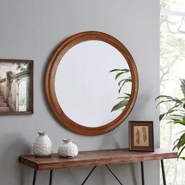 Round Wood Mirrors 30 Inch,Rustic Decorative Transitional Wall Mirror with Walnut Frame for Bathroom,Farmhouse Hanging Vanity Mirror for Entryway Living Room or Bedroom