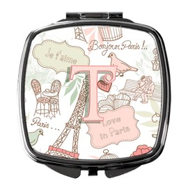 Caroline's Treasures CJ2002-TSCM Letter T Love in Paris Pink Compact Mirror Decorative Travel Makeup Mirror for Women Girls Gifts Pocket Makeup Mirror Folding Handheld