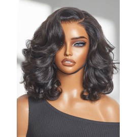 LUVME HAIR 100% Human Hair Wigs Loose Wave Glueless Lace Front 16 Inches, Pre Cut Plucked Hd Lace Short Wig Ready To Go Natural Color Straight Bleached Knots Side Part Black Wigs