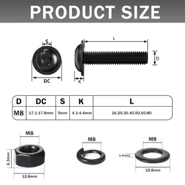QANCEN 10 Pcs Flanged Button Head Socket Cap Screws M8x40mm, Black 304 Stainless Steel Nut and Bolt Fully Thread with Flat & Lock Washers Assortment Kit