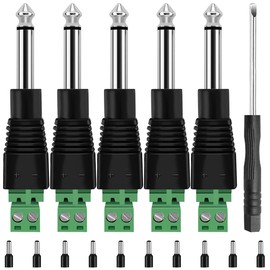 MKBKLLJY 5PCS 1/4" Plugs TS Mono Male Jack Connector 6.35mm Screw Terminal Block Connector 2 Pole Solderless Converter with Slotted Screwdriver E2508 Terminal, for Speaker Guitar Microphone Cables