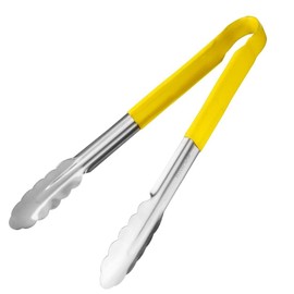 Hygiplas Pro-Grade Colour Coded Kitchen Serving Tongs 300mm, Yellow, Stainless Steel, Colour Coded Yellow for Cooked Meat, Vinyl Coated Handles | CB157