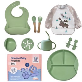 NOVABABY Silicone Baby Feeding Set, Eating Utensils with Suction Plate and Bowl, Baby Led Weaning Supplies, Toddler Self Feeding Dish Set, Waterproof Bib, Baby Feeding Essentials, Spoon 10pcs (Green)