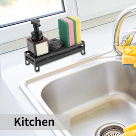 CAPASTEC Sink Organiser, Kitchen Organiser with Self-Draining Drip Tray for Sponge Holder, Carbon Steel Towel Holder for Kitchen and Bathroom (Black, 25 x 10 x 5.5 cm)