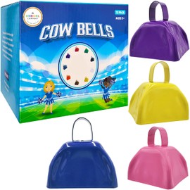 The Dreidel Company Metal Cowbell Noisemaker Cheering Bell, New Years, School Classroom, Wedding Bells & Chimes Percussion Musical Instruments Call Bell Alarm, 3" (Multi-Color, Assorted, Pack of 12)