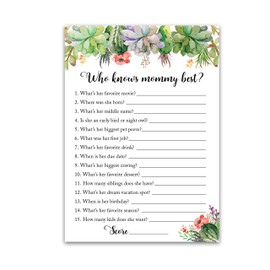 SUCCULENTS Baby Shower Games Who Knows Mommy Best - Pack of 25 - GENDER NEUTRAL Baby Shower Game New Parent Couples Coed Reveal Funny Guessing Game Mom-to-be GREENERY Shower Activity, SKU G300-WKM