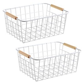LeleCAT white wire baskets with Wooden Handles Storage Organizer Baskets, Household Refrigerator for Cabinets, Pantry, Closets, Bedrooms, kitchen - Set of 2（White）