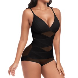 Niwicee Shapewear Bodysuit for Women Tummy Control Sculpting Bodysuit Body Shaper V-Neck Adjustable Straps Waist Trainer Vest Shaping Leotard Tops(Black,XL)