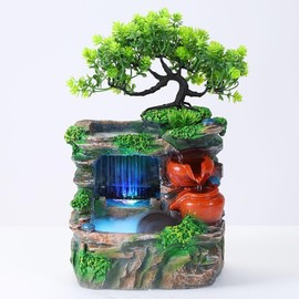 Water Fountain Rockery Ornaments with Waterfall & LED Colorful Lights, Mini Desktop Waterfall Small Rockery for Office, Home, Bedroom Desk Decoration