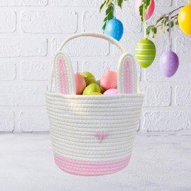 SM SunniMix Easter Bunny Basket Easter Eggs Bag with Handle Decor Creative Empty Woven Rope Candy Basket for Boys Girls Kids Party Garden, Pink
