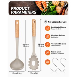 Pasta Fork and Ladle Set, Perfect for Serving Hot Soup, Stirring, and Sauce Pasta, BPA-Free Matte Silicone, Wood Handle Spaghetti Spoon for Nonstick Cooking Surfaces (Khaki)