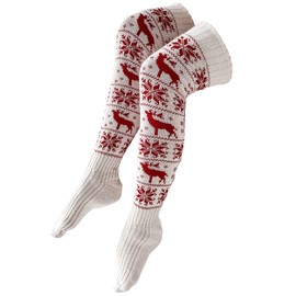YILEEGOO Thigh High Socks for Women, Xmas Snowflake Reindeer Cotton Over the Knee High Boot Stockings Extra Long Knit Leg Warmers (White, One Size)